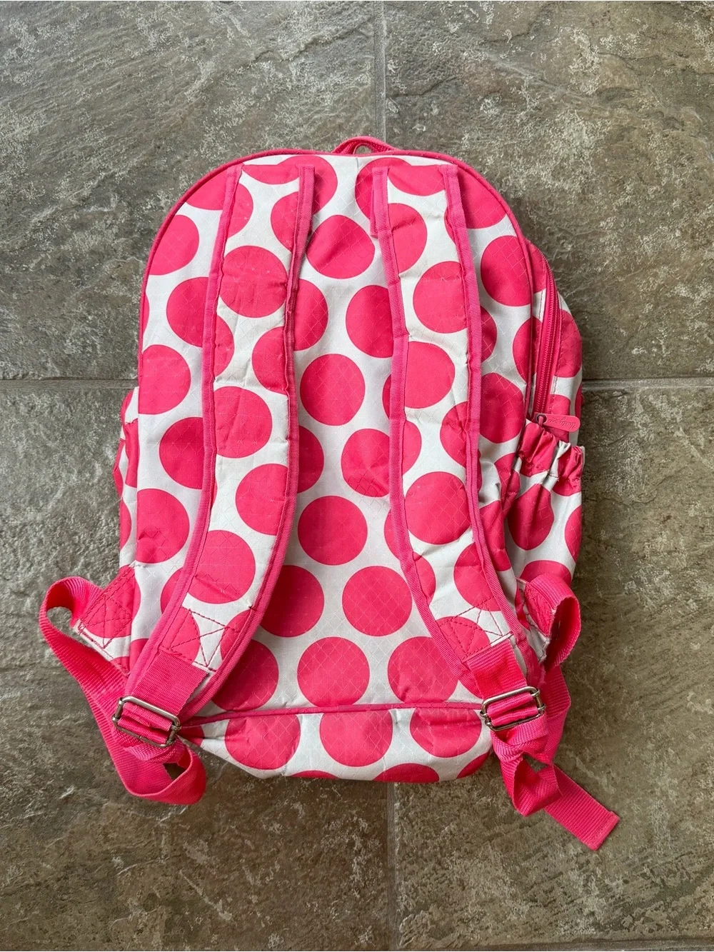 Thirty-One Her Deluxe Backpack Mod Coral Pink Polka Dot Bookbag Monogram Madalyn